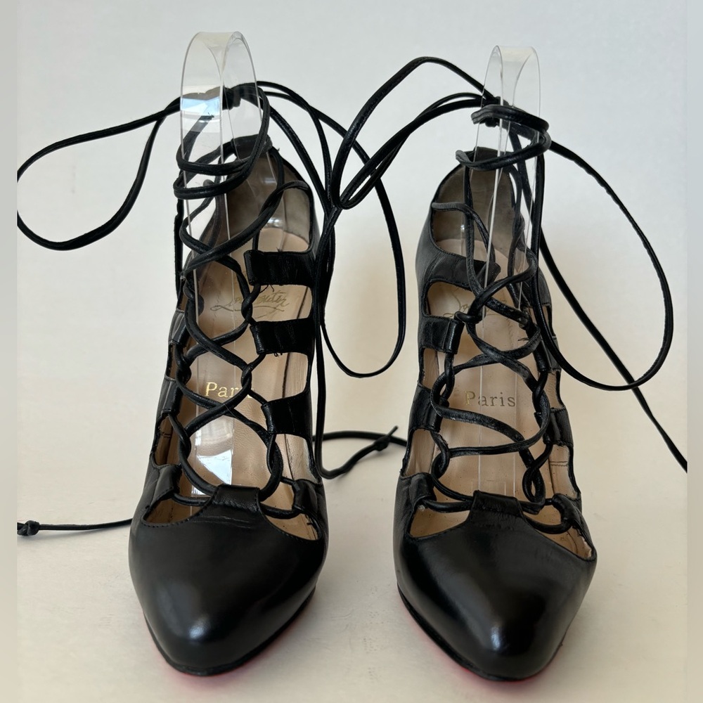 Christian Louboutin Heels 37 Black Lace Up Nappa Leather 120 mm Almond Toe - Picture 2 of 9
